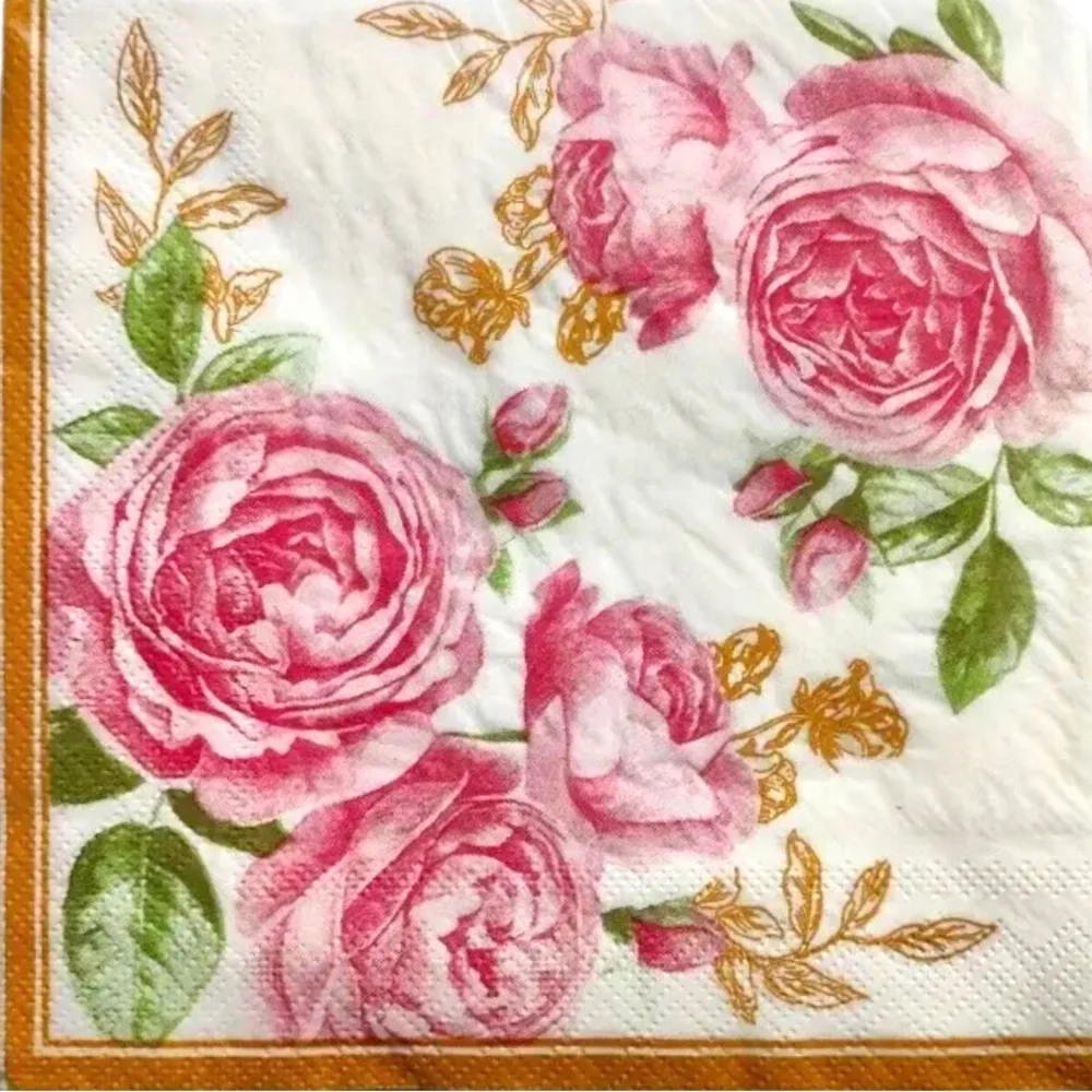 Pink Peony Gold Border Luncheon Paper Napkins, 20-ct